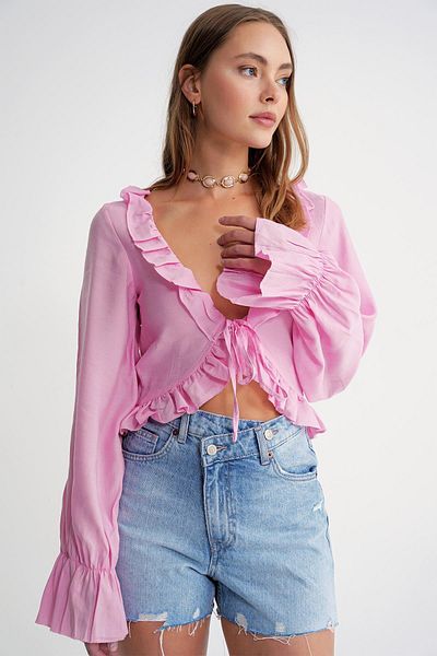 Mixray 4712 Women's Flounced Modal Bolero Blouse Pink