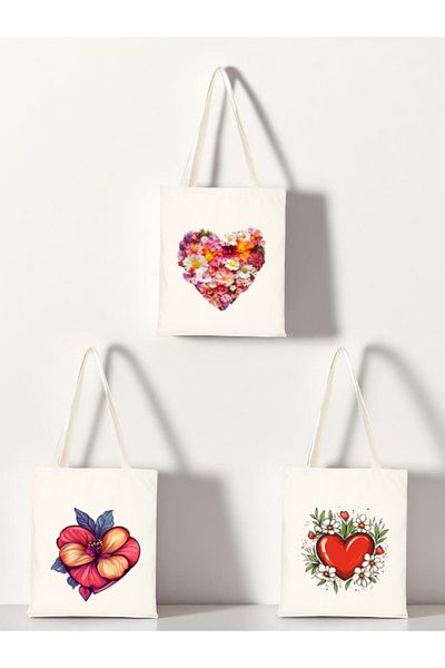 lili hediyelik Heart Printed Cloth Bag 3-Piece Shoulder Bag - Gift for Women Sweetheart