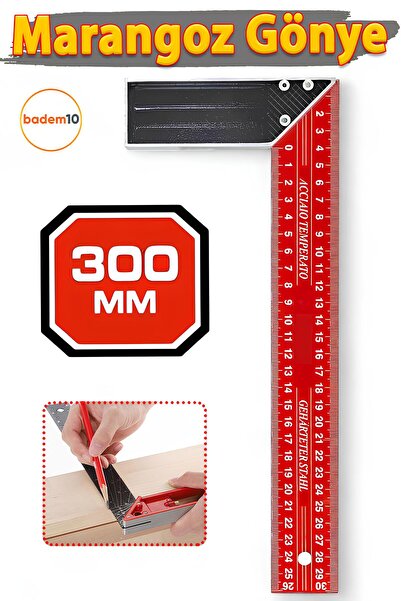 Badem10 300 mm 30 cm Alüminyum Marangoz Gönye Metal Gövde Açılı Ölçüm Cetveli...
