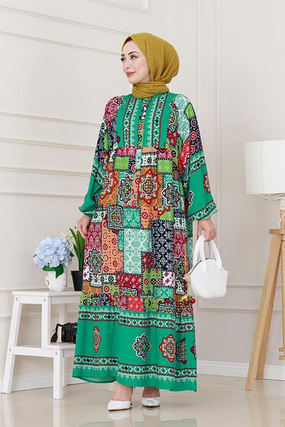 Sevitli Half Button Robe Patch Pattern Dress-Green