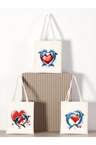 lili hediyelik Heart and Dolphin Printed Cloth Bag 3-Piece Shoulder Bag - Gift for Women Lover Gift