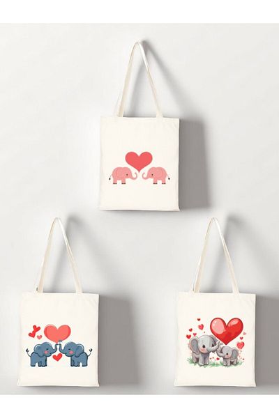 lili hediyelik Heart and Elephant Printed Cloth Bag 3-Piece Shoulder Bag - Shoulder Bag Women