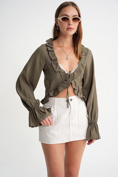 Mixray 4712 Women's Flounced Modal Bolero Blouse Khaki