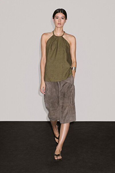 Massimo Dutti %100 keten kruvaze halter yaka top