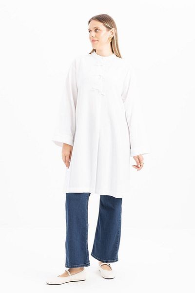 ALLDAY White-Half Placket Tie-Up Linen Tunic