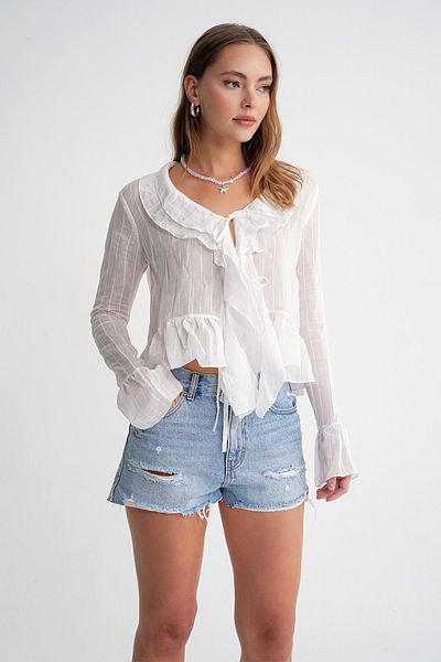 Mixray 4710 Women's Flounced Transparent Bolero Blouse White