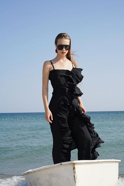 Black Fashion Wide Leg Lined Tulle Black Trousers