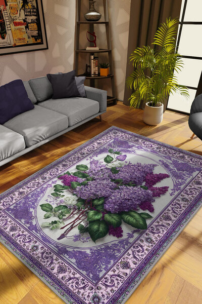 Homshtag Art Deco Leylak Çiçeği Vintage Halı Görünümlü Dijital Baskı Mor Halı...