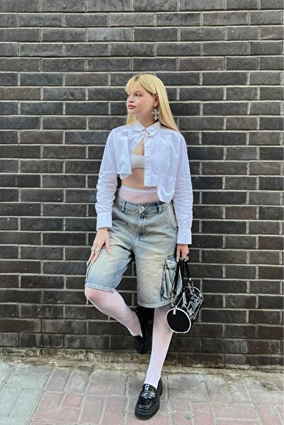 bases. Soluk Efektli Bol Denim Kargo Bermuda Şort