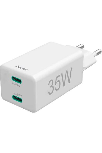 Hama HAMA 201694 mains charger, 2 x USB-C, Power Delivery (PD) 35W (White)