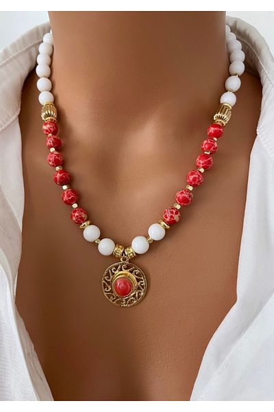 TARZ-I TAKI Natural Stone Red Varasite Stone Lace Gold Plated Pendant Design Women's Necklace Special Gift