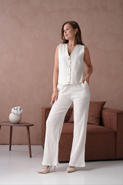 GALAVİP Women's New Season Linen Fabric Trousers Vest 2 Piece Set