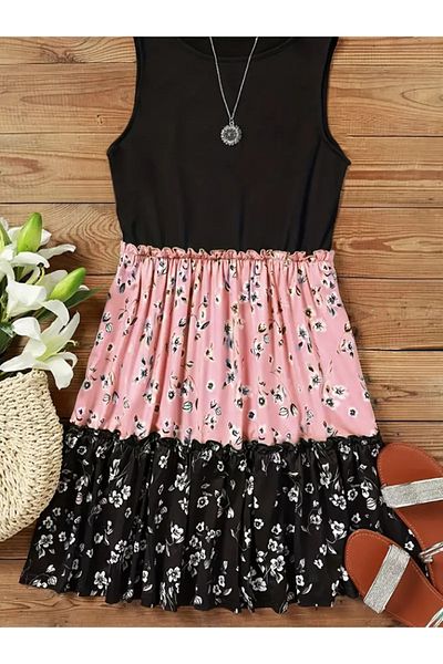 Modayakamoz New Season Women's Floral Patterned Strap Loose Dress – Summer Round Neck Comfortable Single Jersey Fabric