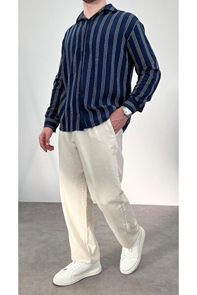 RIESGO İNCE ÇİZGİLİ OVERSİZE GÖMLEK LACİVERT