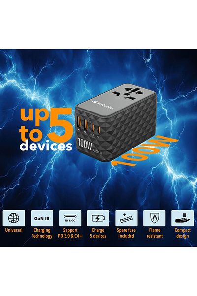 Verbatim Incarcator retea de calatorie universal Verbatim UTA-06, 100 W, 2xUSB-C PD & QC 4+ & 2 x USB-A QC