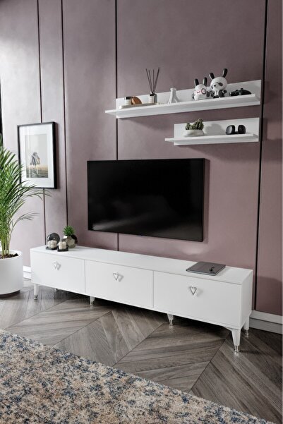 mapahomeliving Simple Modern 180 Cm SMP18033 Tv ünitesi 2 Raflı Beyaz Gümüş