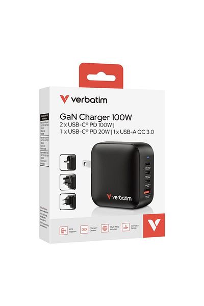 Verbatim Verbatim mini GaN network charger, 100 W, 2x USB-C PD 100 W, 1x USB-C PD 20W, 1x USB-A QC