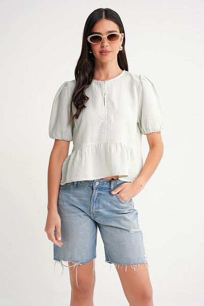 Mixray 4713 Women's Gathered Waist, Elastic Sleeves, Loose Muslin Blouse Sage