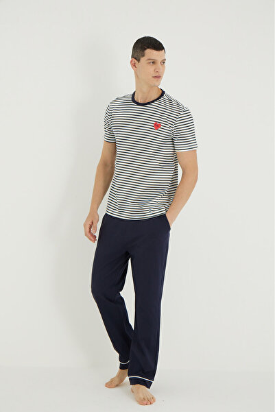 İPEKTENİM Смугастий міні-серцевий принт з бією Деталізований чоловічий комплект піжами для пари