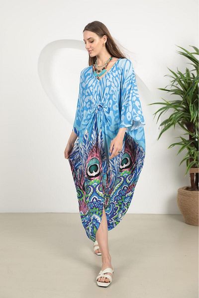 EL jadida Women's Plus Size Oversize Ring Detailed Viscose Long Dress Blue