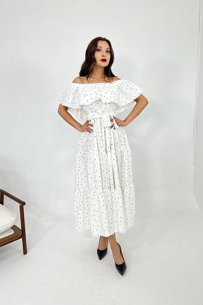 kalben outlet Women's White Polka Dot Off-The-Shoulder Belted Long Dress – Summer Stylish Dress