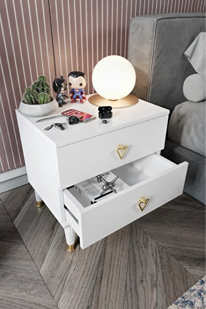 mapahomeliving Simple 2 Çekmeceli Komodin SMP5002 Beyaz Gold