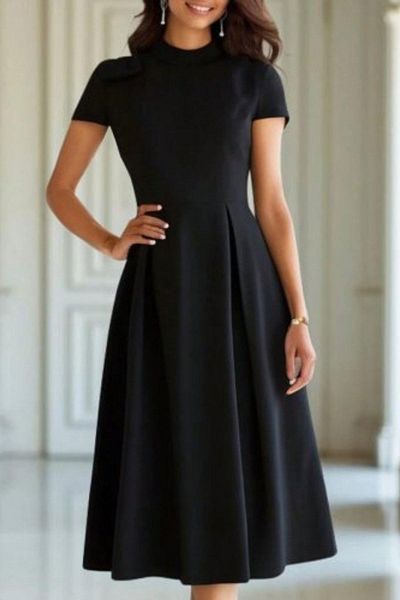 Mossta Turtleneck Pleated Midi Length Crepe Dress - Black