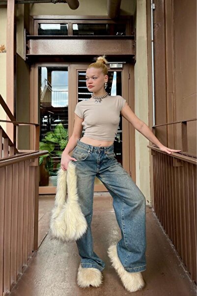 bases. Női sötétkék fakult hatású táskás farmernadrág