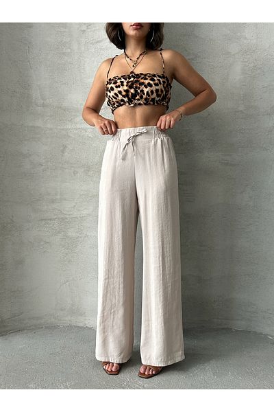 Miss Prova Wide Leg Draped Summer Pants with Waist Tie and Waist Elastic Misspnt2659