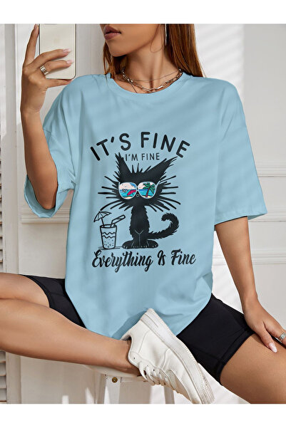 EFFRENATU Hıla Moda Crazy Cat Printed Charming Plus Size T-Shirt