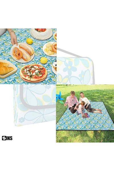 SIKS Pătură impermeabilă, pentru plajă și camping, 150x145 cm, albă cu model floral albastru