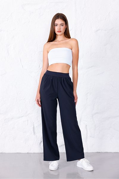 Piyera Women's Navy Blue Parachute Elastic Waist High Waist Pocket Lycra Woven Wide Leg Trousers - 3057