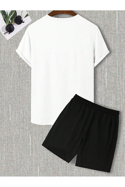 PENTHİLUS Men's T-Shirt and Shorts with Bear and Letter Graphics