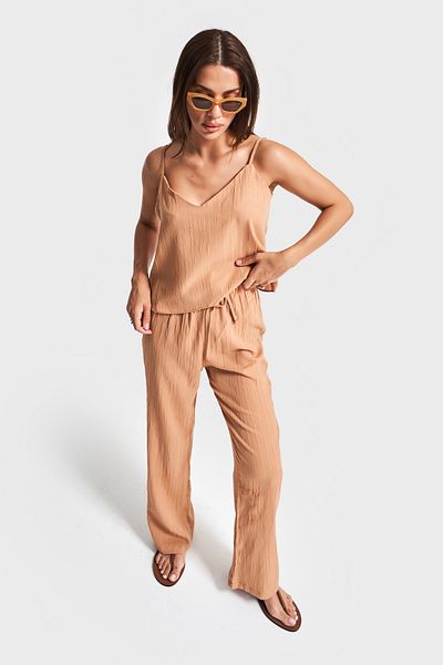 its basic Women's Brown Color S5-36 Relaxed Cut Summer Fabric Trousers Bustier 2-Piece Combination