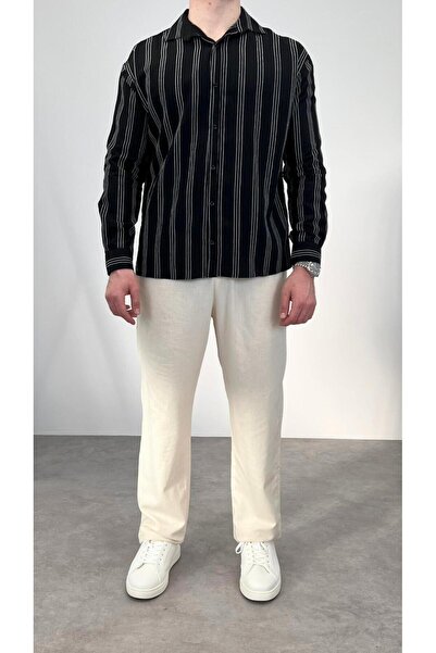 RIESGO İNCE ÇİZGİLİ OVERSİZE GÖMLEK SİYAH