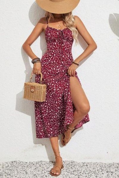 Mossta Lanyard Strap Lace up Side Slit Single Jersey Dress - Burgundy