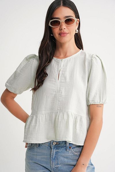 Mixray 4713 Women's Gathered Waist, Elastic Sleeves, Loose Muslin Blouse Sage