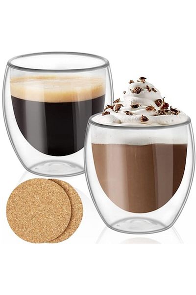 İdeas4comfort Set 2 glasses for tea and coffee made of transparent, heat-resistant glass, double walls, 250 ml, Id