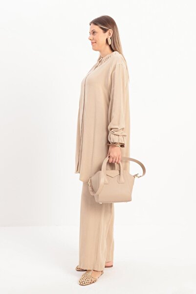 ALLDAY Μπεζ-Συσπειρωτήριο Λεπτομερές Σετ Λινό Παντελόνι Plus Size