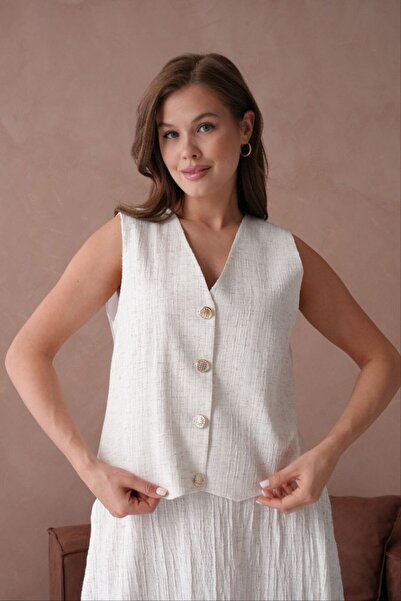 GALAVİP Women's New Season Linen Fabric Vest Skirt 2 Piece Set