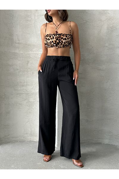 Miss Prova Wide Leg Draped Summer Pants with Waist Tie and Waist Elastic Misspnt2659