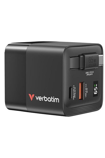 Verbatim Verbatim GaN Power Adapter, 65W, 2 x USB-C PD 65W, 1 x USB-A QC 3.0, Retractable Cable