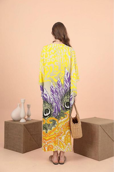 EL jadida Women's Plus Size Oversize Ring Detailed Viscose Long Dress Yellow