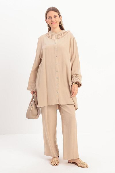 ALLDAY Beige-Gather Detailed Large Size Linen Trousers Suit