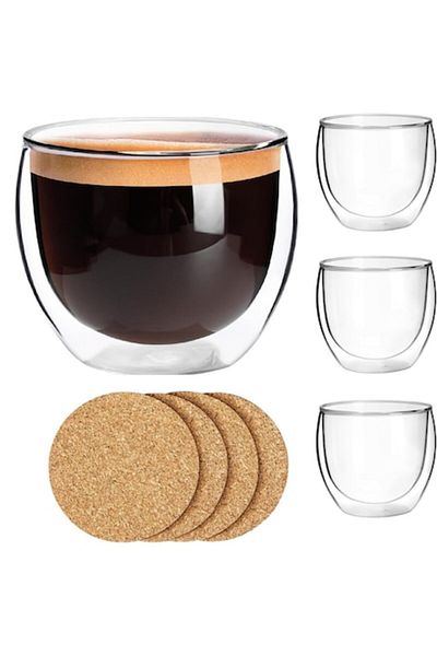 İdeas4comfort Set 4 pahare cu izolație dublă pentru cappuccino și cafea, sticlă transparentă rezistentă la căldură