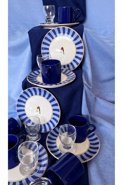 Erbaşlar Love Bırd Mavi Kahve Yanı Bardaklı 18 Parça 6 Kişilik Kahve Fincan Takımı, Seti