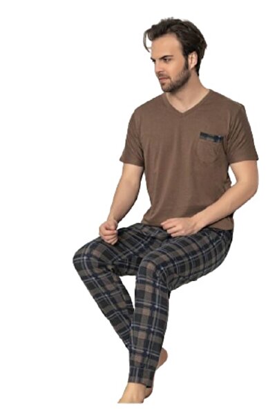 pamuklu Men's Pajamas, Cotton, Long Pants, Short Sleeve Shirt with Pocket, Brown, S