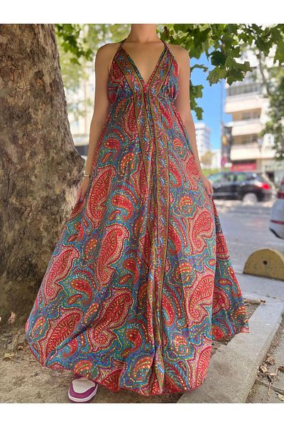 VibeGaia Ethnic Patterned Indian Silk Bohemian V Neck Strap Summer Beach and Casual Long Dress Red /Blue