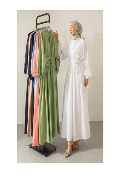 Limbamba Λευκό φόρεμα με λεπτομέρεια μέσης και κουμπιά