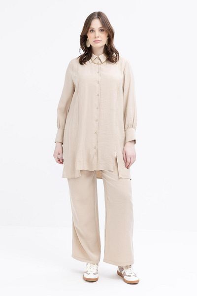 ALLDAY Beige-Slit Detailed Plus Size Modal Trousers Suit